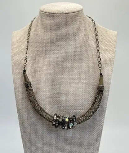 Boho Statement Necklace Bronze Chain Metal Mesh Crystal Beads Adjustable Brown