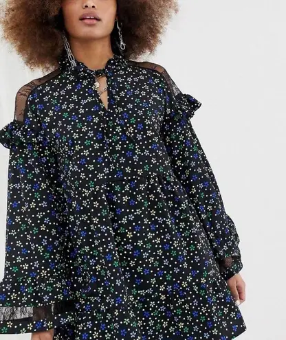 Collusion Floral Long Sleeve Black Dress with Ruffle Details Lace Back Size 12 Blue