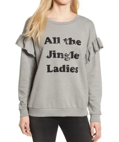 South Parade All The Jingle Ladies Ruffle Sweatshirt Women's Medium Gray Sequins Black