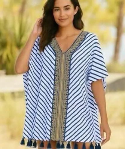 Cabana Life Navy and White Stripped Caftan with Gold Embroidery Size undefined