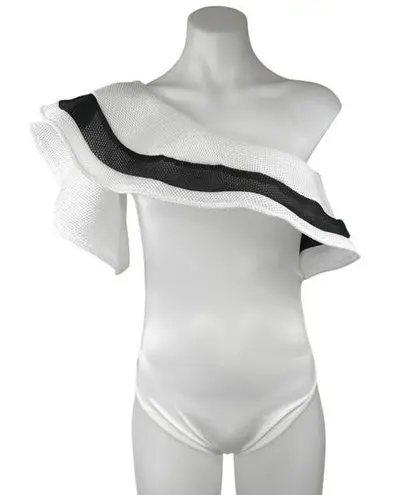 Women's White Black Ruffle Striped One Shoulder Stretch Bodysuit Top Size M Size M