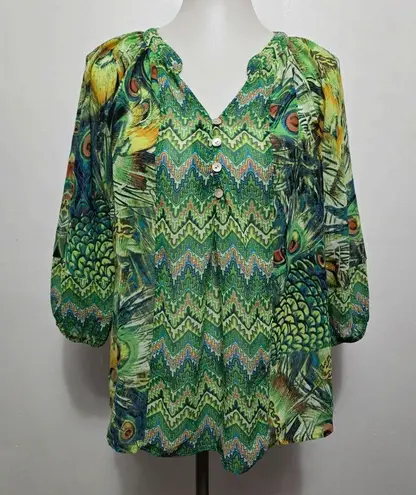 Figueroa Flower Blouse Small Peacock Print Bohemian Button Up Green Top