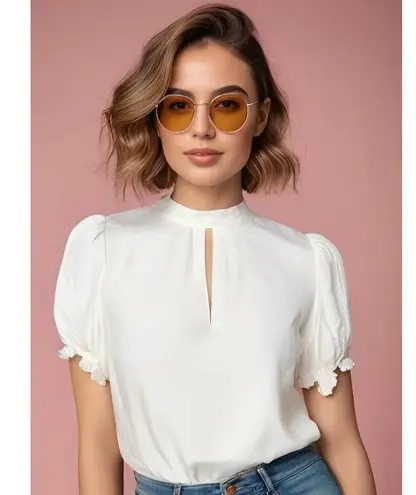 Frame Women's XL Ivory Keyhole Mock Neck Party Blouse Long Ruffle Sleeve