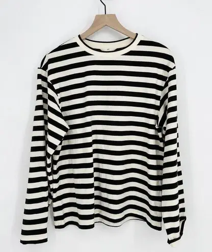 H&M Long Sleeve T-Shirt Striped Drop Shoulder Crew Neck Cream Black Women's S