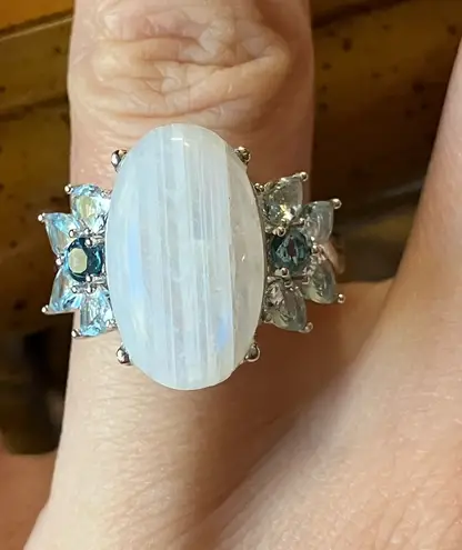 Natural Rainbow Moonstone London Blue Topaz Sterling Silver Ring Size 6.75