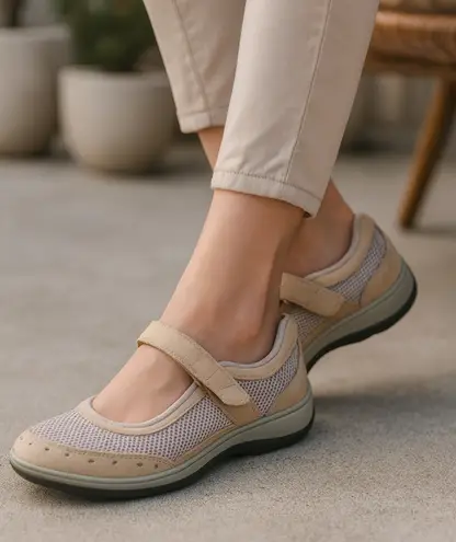 NEW Orthofeet sz 7.5 Womens Tan Leather Strappy Slip on Mary Jane Loafers Preppy