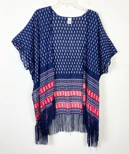 Navy Blue & Red Boho Striped Fringe Kimono Cardigan One Size Size undefined