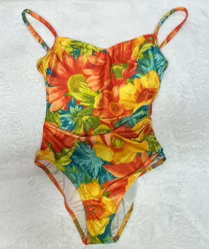 Vibrant Orange and Yellow One Piece Swimsuit with Spaghetti Straps Size M