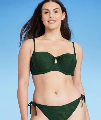 Shade & Shore  Tie-Front Keyhole Pique Textured Bikini Top Dark Green Size 34DD