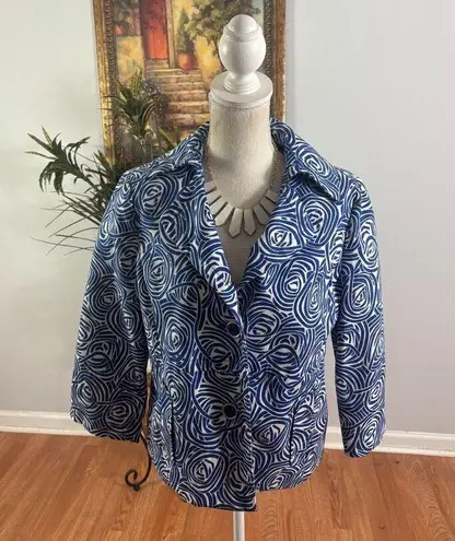 Rafaella Blazer Jacket Womens M Blue White Swirl Pattern 3/4 Sleeve Button Front