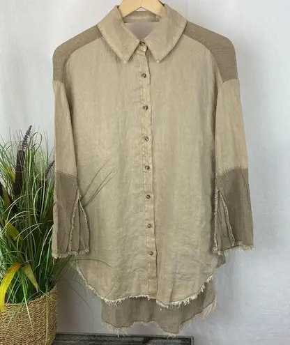 XCVI 100% Linen Tan Long Sleeve Button Front Rustic Raw Hem Top S