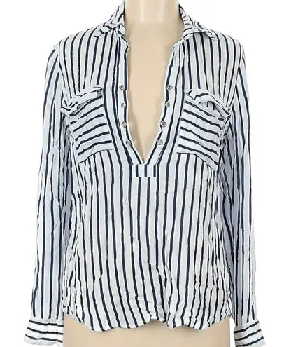 Soho New York & Co Popover Blouse Navy White Stripes Grommets Blue Size M