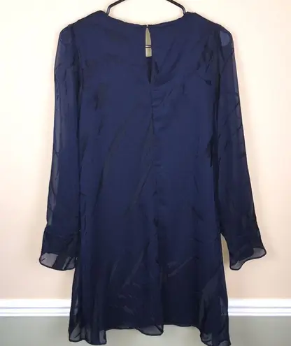 DKNY  Women’s Patterned Chiffon Navy Blue Black Sheer Long Sleeve Shift Dress