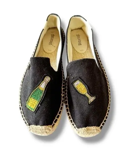 Soludos Black Canvas Espadrille Party Champagne Embroidered Size 9 Wedding Toast