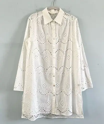 Adiva Eyelet Lace White Button Down Long Sleeve Tunic Blouse Size M