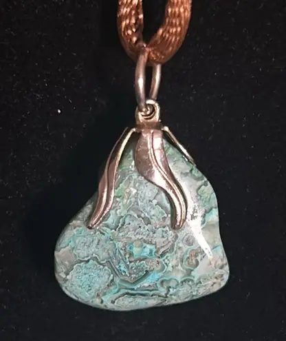 Vintage Dyed Agate Raw Citrine Orca Agate Pendants with Brown Silk Cord Necklace Silver