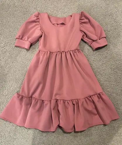 Fashion Old Rose Voluminous Puff Sleeve Tiered Ruffle Hem Boho Dress Pink