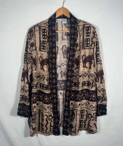 Vintage DB Line New York Elephant Print Open Front Cardigan Duster Tan Size XL