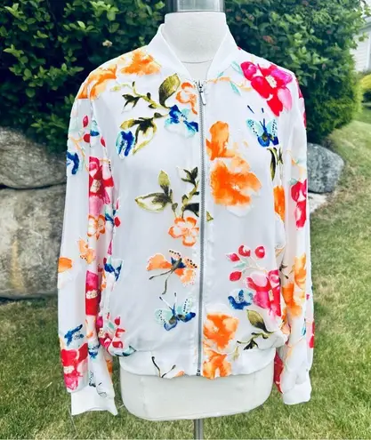 INC International Concepts White with Velvet Flowers Bomber Jacket Size L