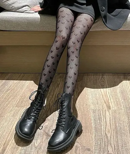 Heart Pattern Black Fishnet Tights Hollow Out High Waist Mesh Pantyhose One Size - Image 3