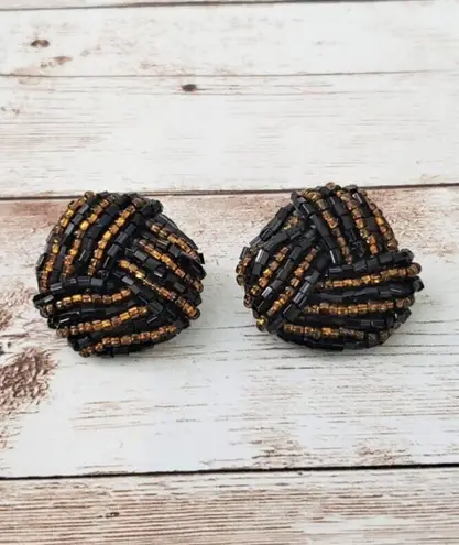 Vintage Clip On Earrings Black & Amber Tone Statement Beaded 1 & 1/8"