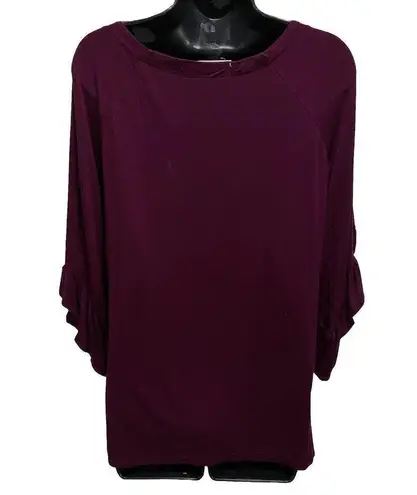 French Laundry  Plum Zip Front 3/4 Sleeve Blouse Size Small Ruffle Side‎ Slit