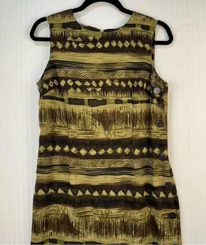 R & K Green Brown Tribal Print Sleeveless Maxi Shift Dress Size 8 Button Accents