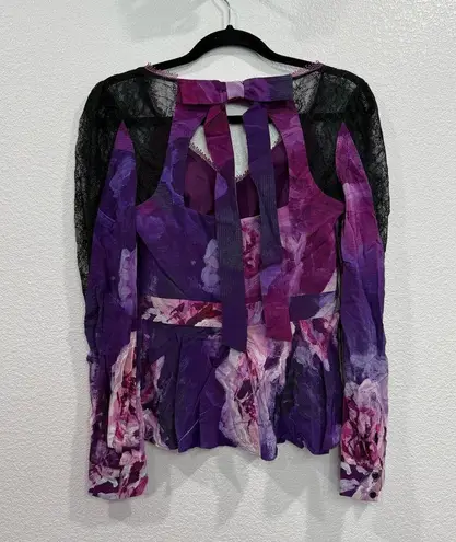 NWT Marchesa Notte Floral Bow Back Top Chiffon Long Sleeve V