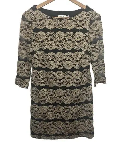 Eliza J golden floral scalloped lace mesh overlay shift cocktail dress size 10p