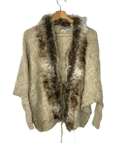 Military Hippie Felicity Faux Fur Batwing Cardigan Tan