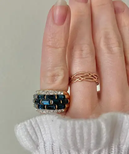 18KGE RSC Blue Glass Statement Ring Covenant Elegant Vintage Sparkly Glam Jewelry