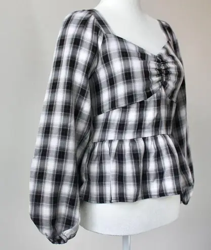 Pleione Black White Gingham Sweetheart Smocked Peplum Crop Top Extra Small
