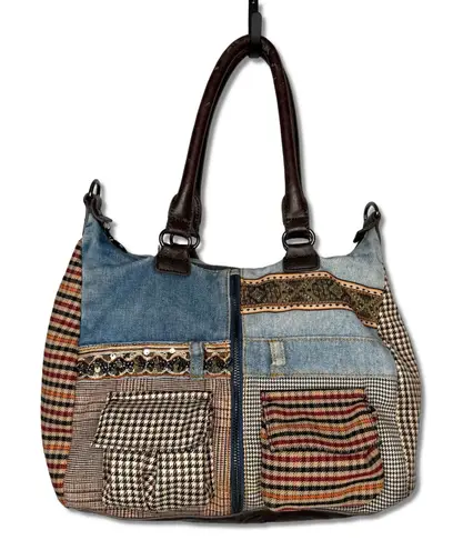 Desigual London Shoulder Bag Satchel Denim Patchwork Mixed Media Pockets