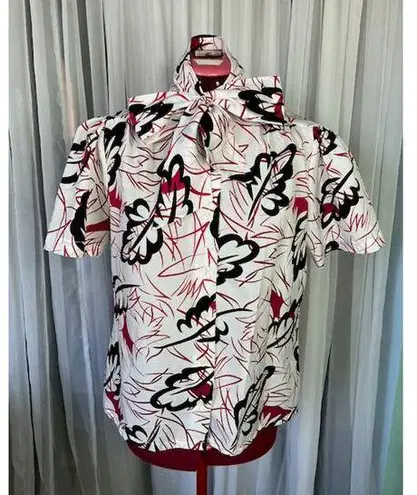 kitten bow blouse abstract leaves red black 1980s Size 12
