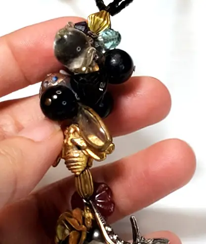 Retro Bee Rose Bird Bead Cluster Necklace Extra Long Y Drop 32" Boho Bohemian