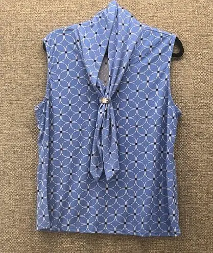 Adrienne Vittadini Blouse XL with Cat Bow Detail Blueand White Sleeveless Top