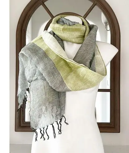 Linen Scarf with Feather Fringe, Green, Grey EXCELLENT! Green