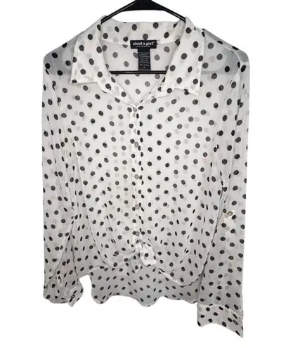 About A Girl Sheer Black And White Polkadot Long Sleeve Button Up Blouse