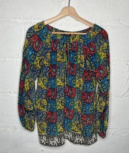 Tolani Women's Silk Tie Neck Paisley Elephant Print Boho Peasant Top Size Small