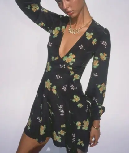 Realisation Par the Kate mini black floral silk Dress long sleeve L