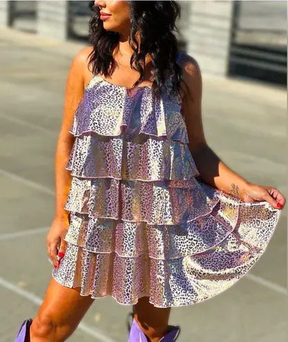 Southern Fried Chicks NWT SFC Lavender Gold Metallic Animal Leopard Print Ruffled Tiered Dress L