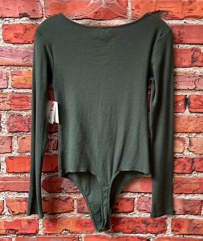 Open Edit Olive Green  Button Up Scoop Neck Long Sleeve Bodysuit