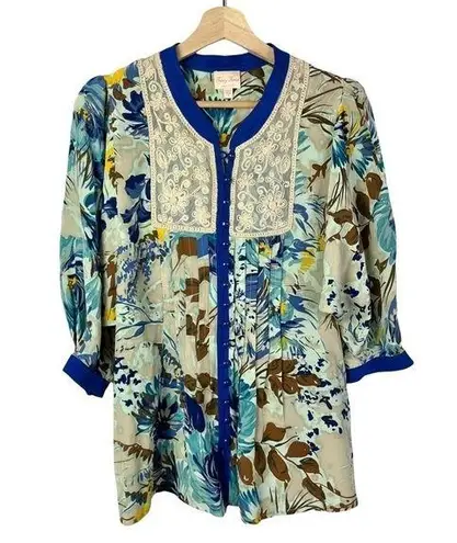 Tracy Reese Tan & Blue Floral Button Down Silk Long Sleeve Top S