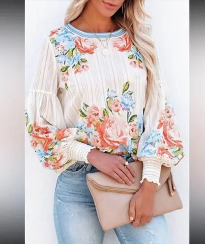 White Striped Floral Print Smocked Lantern Long Sleeve Blouse