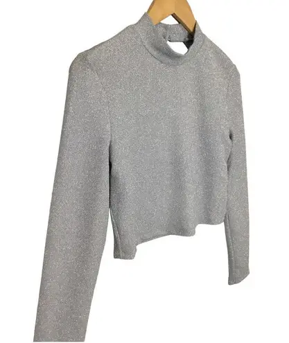 Elodie New Sparkle Crop Long Sleeve Cut Out Mock Neck Open Back Knit Ice Blue L