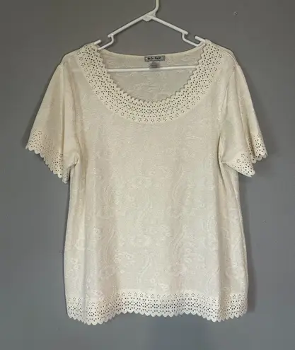 Belle Amie Women's Cream Short Sleeve Blouse with Eyelet Lace Trim – Size XL