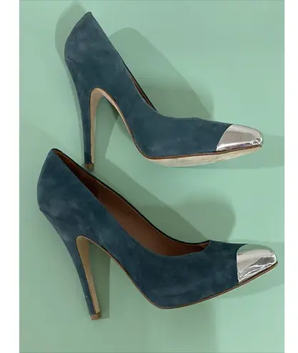 $495 SIGERSON MORRISON Womens Sz 7B green suede silver cap toe pumps shoes