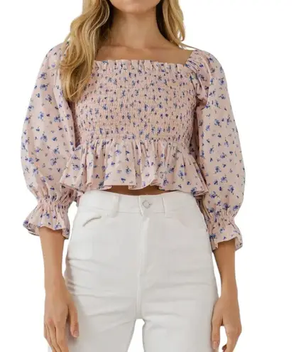 English Factory Floral Print Smocked Ruffle Top
