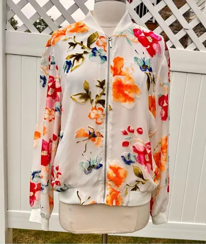 INC International Concepts White with Velvet Flowers Bomber Jacket Size L