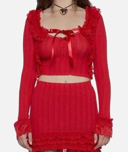 Dolls Kill Sugar Thrillz Red Lace Ruffle Cardigan Cami Set coquette 2 piece bow